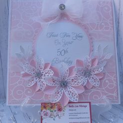 Luxury Handmade Pretty Pink & White with flower spray & bow - Aged Birthday Card - please select age