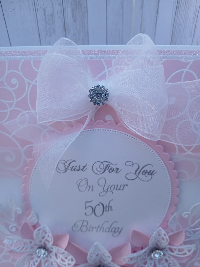 Luxury Handmade Pretty Pink & White with flower spray & bow - Aged Birthday Card - please select age Luxury Handmade Pretty Pink & White with flower spray & bow - Aged Birthday Card - please select age