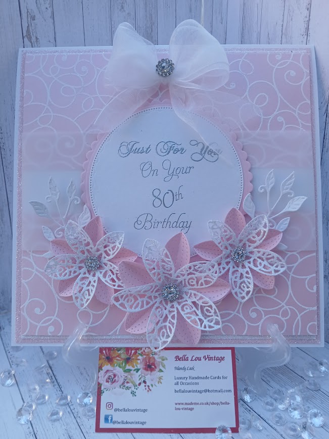 Luxury Handmade Pretty Pink & White with flower spray & bow - Aged Birthday Card - please select age Luxury Handmade Pretty Pink & White with flower spray & bow - Aged Birthday Card - please select age
