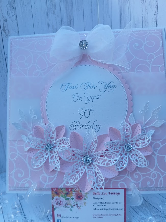 Luxury Handmade Pretty Pink & White with flower spray & bow - Aged Birthday Card - please select age Luxury Handmade Pretty Pink & White with flower spray & bow - Aged Birthday Card - please select age