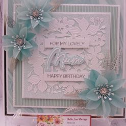 Luxury Handmade Birthday - For My Lovely Mum Happy Birthday - Pretty mint & white, flower panel & vellum flowers