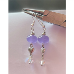 E - Purple Opalino Earrings With Silver Hearts and Swarovski Crystal AB Bicone Beads.