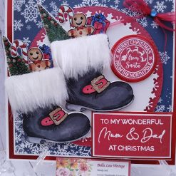 Luxury Handmade Christmas Card - Santa boots & Snowflake background, in reds and blue - To My Wonderful Mum & Dad at Christmas