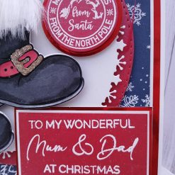 Luxury Handmade Christmas Card - Santa boots & Snowflake background, in reds and blue - To My Wonderful Mum & Dad at Christmas 3