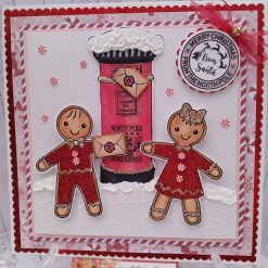 Luxury Handmade Christmas Card - Gingerbread boy & girl posting their letters to Santa - Red glitter outfits
