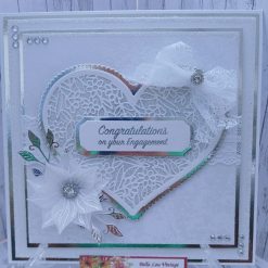 Luxury Handmade Engagement card - White, silver, lacey heart & bow with spray of vellum flower- Congratulations on your engagement
