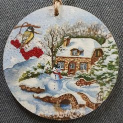 Wooden Hanging Decoration.  Christmas Snow Scene