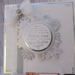 Luxury Handmade Christmas Card - White & Silver Snowflake wreath & embossed snowflake background