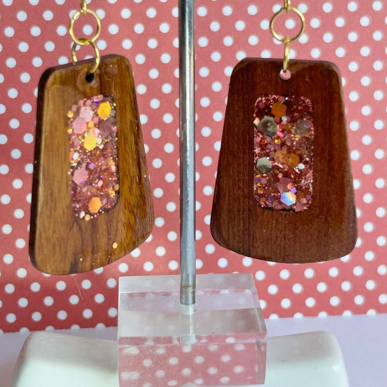 Earrings - Wooden Dangle Drop - Rose GoldSparkle Earrings - Wooden Dangle Drop - Rose GoldSparkle