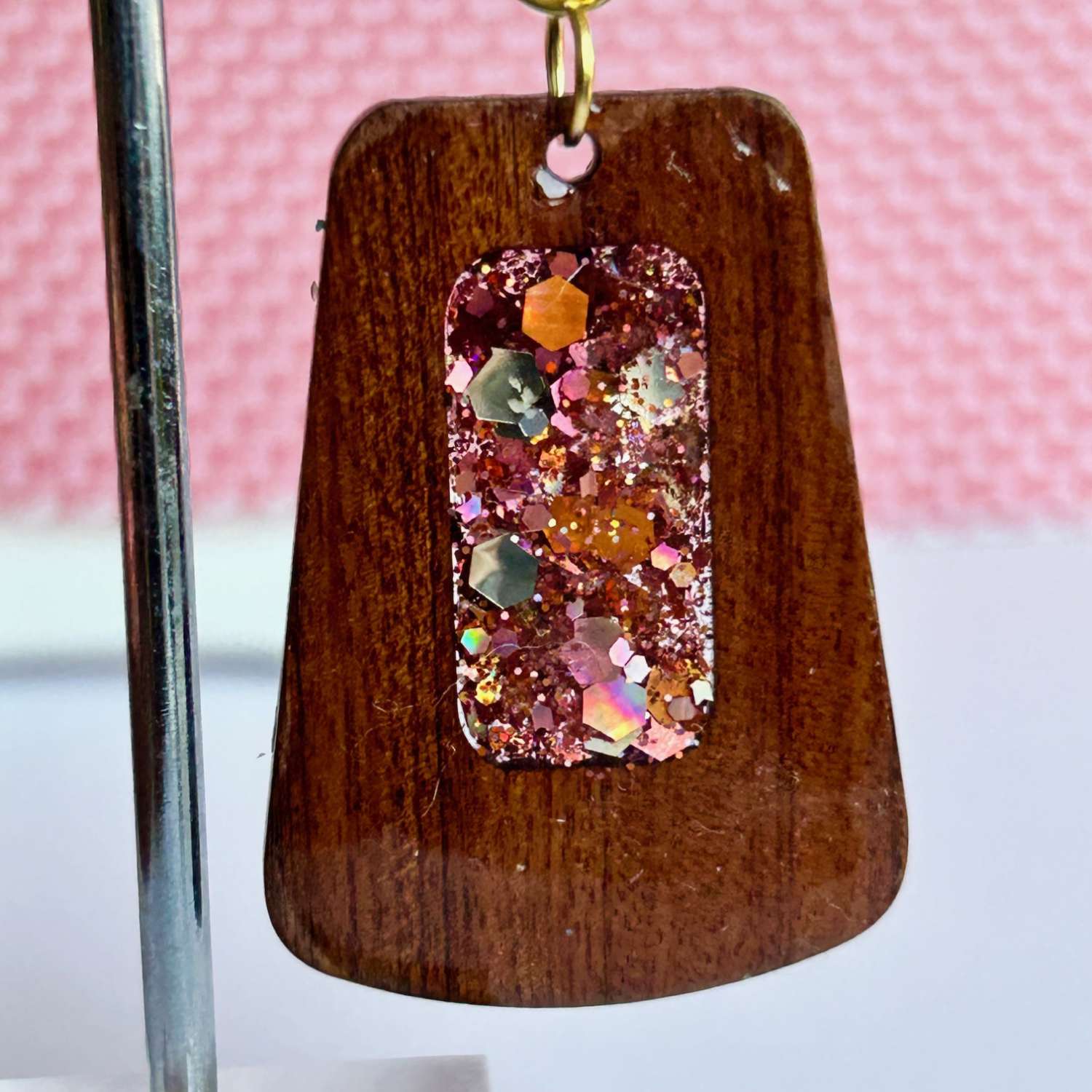 Earrings - Wooden Dangle Drop - Rose GoldSparkle Earrings - Wooden Dangle Drop - Rose GoldSparkle
