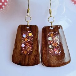 Earrings - Wooden Dangle Drop - Rose GoldSparkle