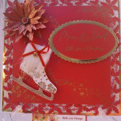 Luxury Handmade Christmas Card - Red & Gold - Mum & Dad with love at Christmas, Ice skate & Poinsettia