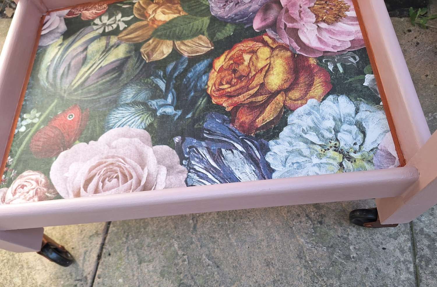 Furniture - Art Deco pink and copper floral cocktail trolley Furniture - Art Deco pink and copper floral cocktail trolley