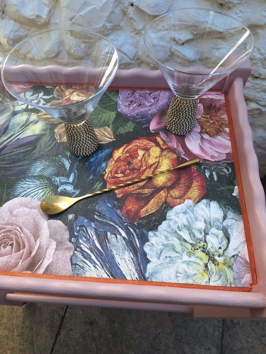 Furniture - Art Deco pink and copper floral cocktail trolley Furniture - Art Deco pink and copper floral cocktail trolley