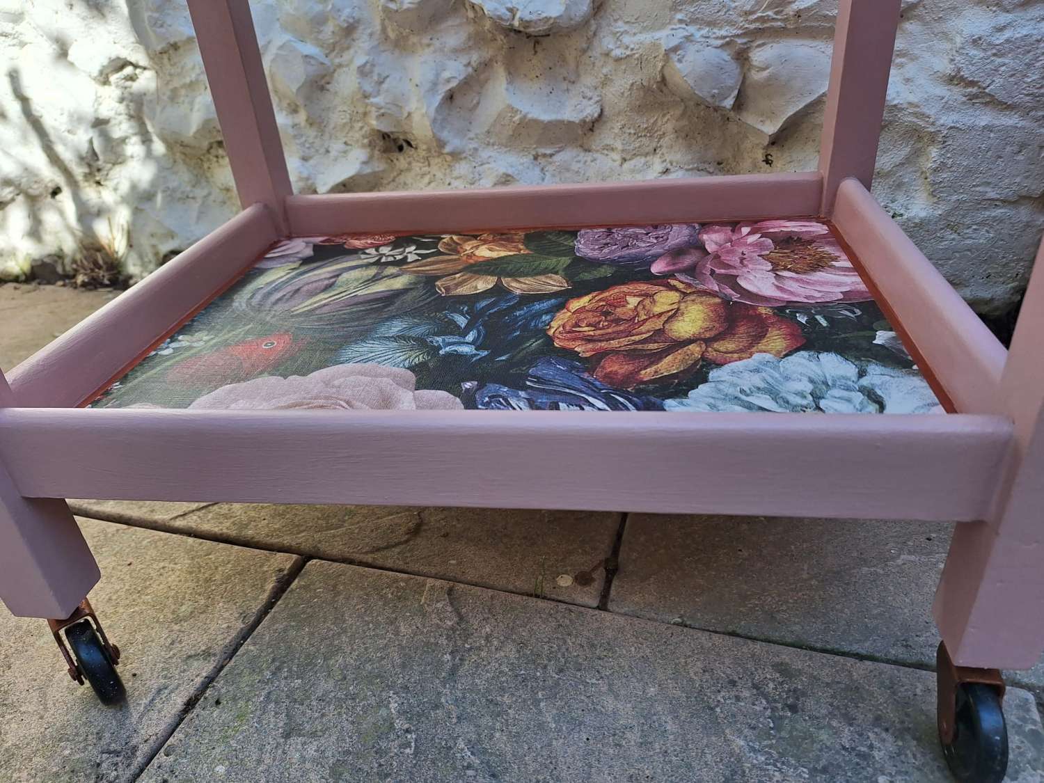 Furniture - Art Deco pink and copper floral cocktail trolley Furniture - Art Deco pink and copper floral cocktail trolley