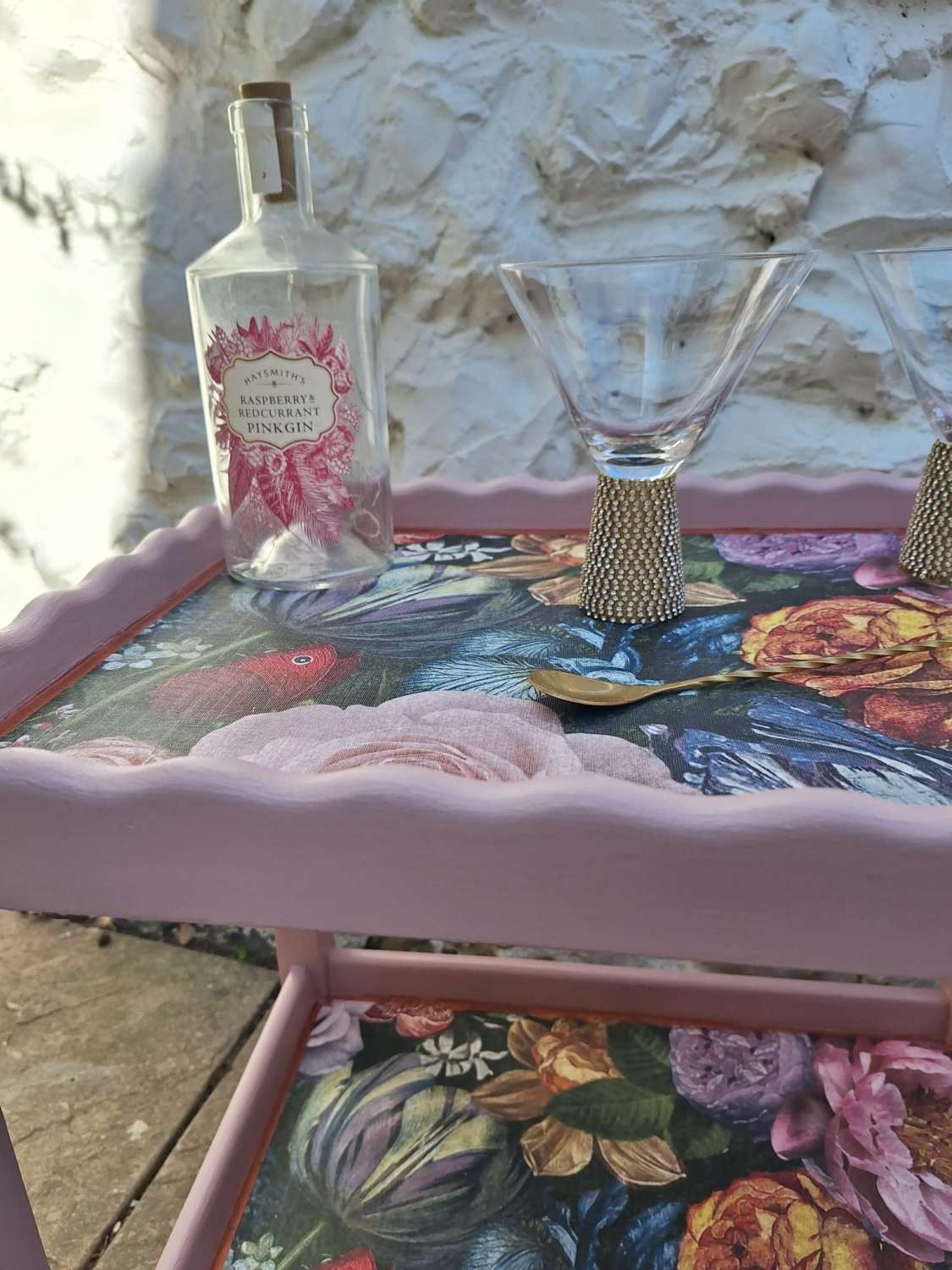 Furniture - Art Deco pink and copper floral cocktail trolley Furniture - Art Deco pink and copper floral cocktail trolley
