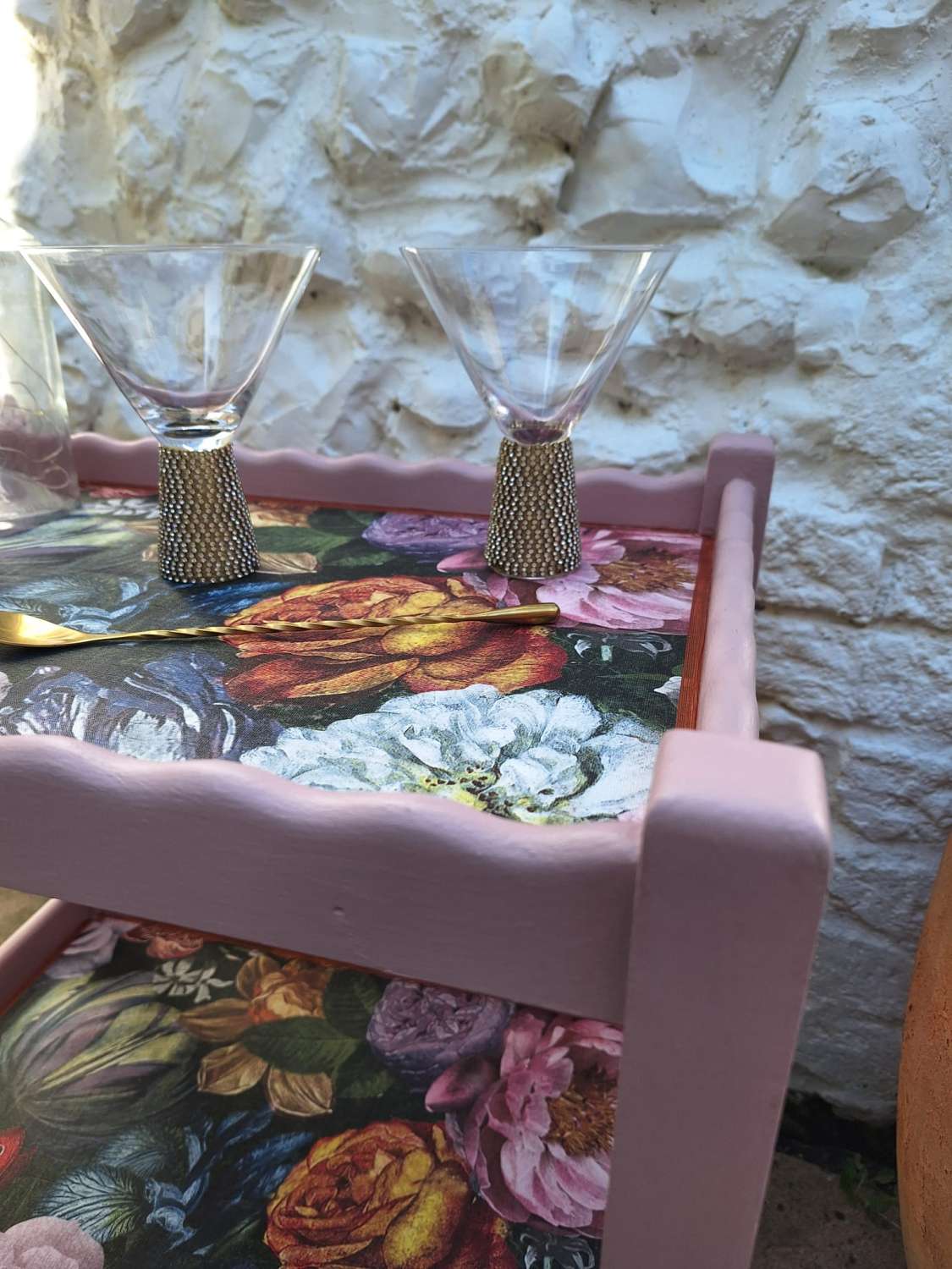 Furniture - Art Deco pink and copper floral cocktail trolley Furniture - Art Deco pink and copper floral cocktail trolley