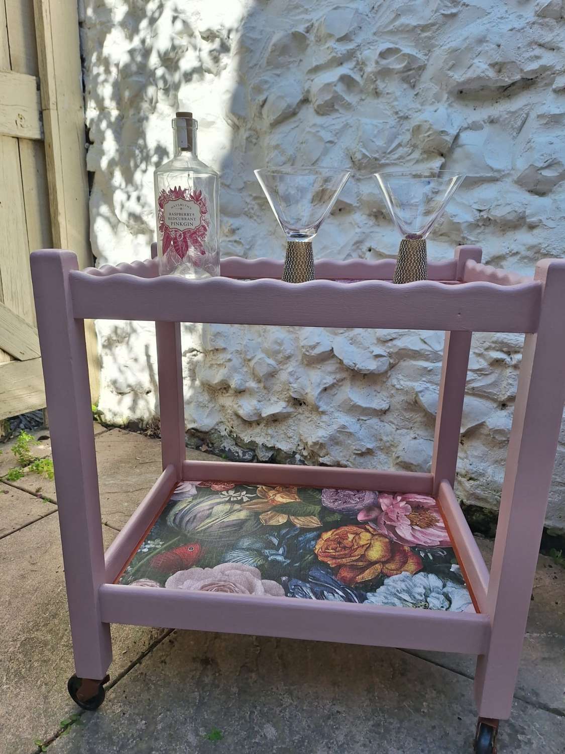 Furniture - Art Deco pink and copper floral cocktail trolley Furniture - Art Deco pink and copper floral cocktail trolley