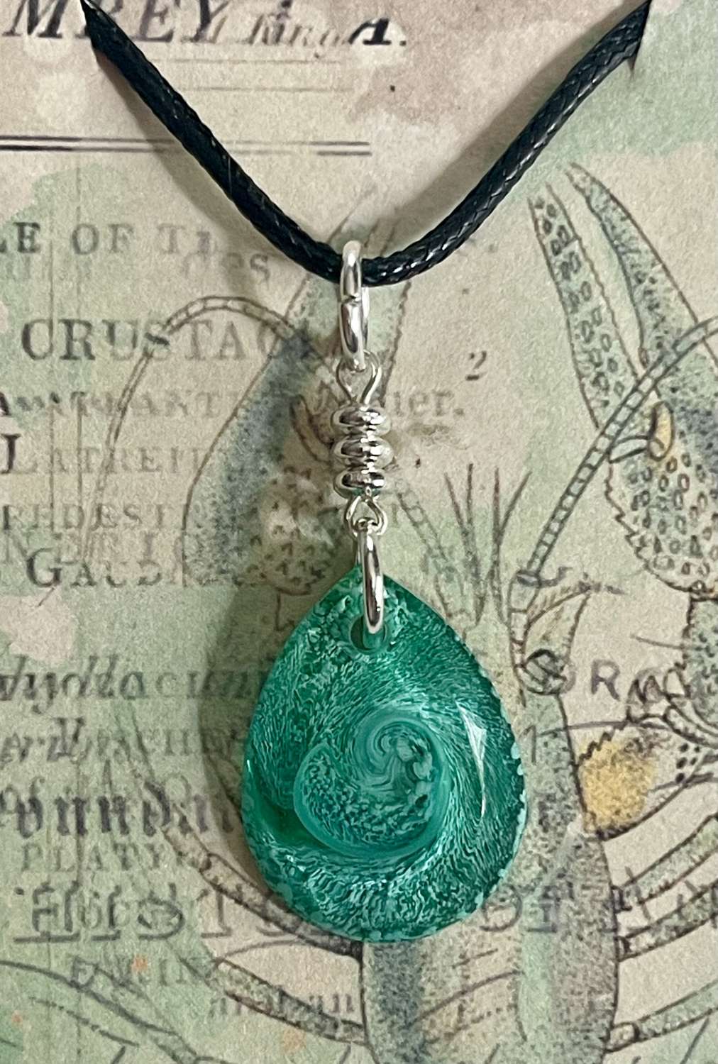 IMG_6569 Teardrop Green Perti effect Pendant on an 18" Black Cord 2