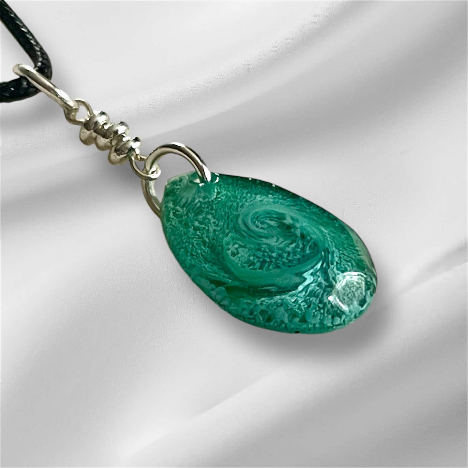 IMG_6582 Teardrop Green Perti effect Pendant on an 18" Black Cord 1
