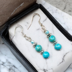 A Beautiful Pair of Round Turquoise Crystal with Silver Spacers Dangle Hook Earrings 5 A Beautiful Pair of Round Turquoise Crystal with Silver Spacers Dangle Hook Earrings 5