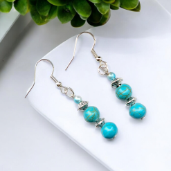 A Beautiful Pair of Round Turquoise Crystal with Silver Spacers Dangle Hook Earrings 4 A Beautiful Pair of Round Turquoise Crystal with Silver Spacers Dangle Hook Earrings 4
