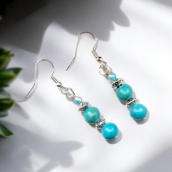 A Beautiful Pair of Round Turquoise Crystal with Silver Spacers Dangle Hook Earrings 3 A Beautiful Pair of Round Turquoise Crystal with Silver Spacers Dangle Hook Earrings 3