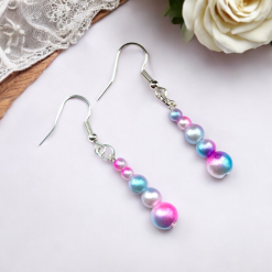 A Beautiful Pair of Pink/Blue/Cream Pearl Bead Dangle Silver Hook Earrings 1