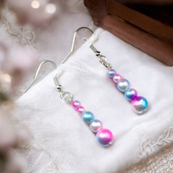 A Beautiful Pair of Pink/Blue/Cream Pearl Bead Dangle Silver Hook Earrings 2