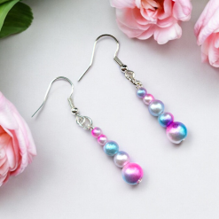 A Beautiful Pair of Pink/Blue/Cream Pearl Bead Dangle Silver Hook Earrings