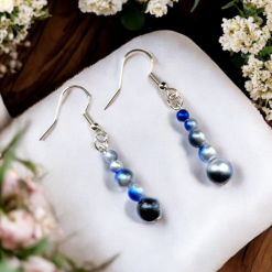 A Beautiful Pair of Blue/Silver Pearl Bead Dangle Silver Hook Earrings 1