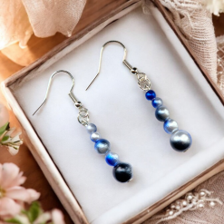 A Beautiful Pair of Blue/Silver Pearl Bead Dangle Silver Hook Earrings 3
