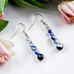 A Beautiful Pair of Blue/Silver Pearl Bead Dangle Silver Hook Earrings 5