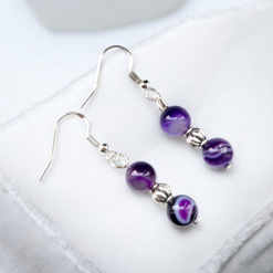 A Beautiful Pair of Round Purple Agate Crystal Gemstone Silver Hook Earrings