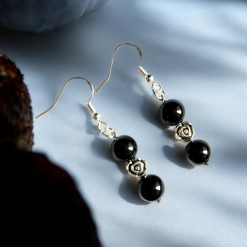 A Beautiful Pair of Round Black Agate Crystal Gemstone Silver Hook Earrings