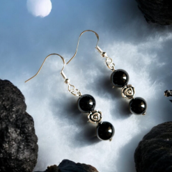 A Beautiful Pair of Round Black Agate Crystal Gemstone Silver Hook Earrings 2