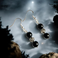 A Beautiful Pair of Round Black Agate Crystal Gemstone Silver Hook Earrings 3