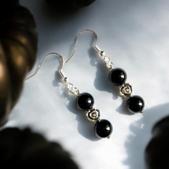 A Beautiful Pair of Round Black Agate Crystal Gemstone Silver Hook Earrings 4