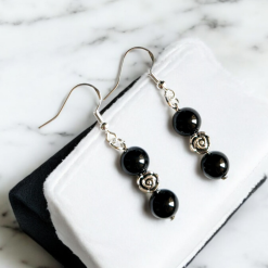 A Beautiful Pair of Round Black Agate Crystal Gemstone Silver Hook Earrings 7