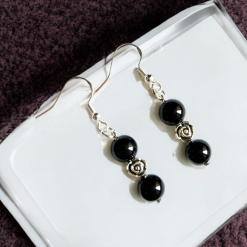 A Beautiful Pair of Round Black Agate Crystal Gemstone Silver Hook Earrings 5