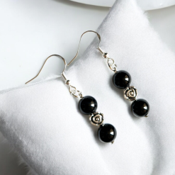 A Beautiful Pair of Round Black Agate Crystal Gemstone Silver Hook Earrings 1