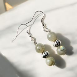 A Beautiful Pair of Round Moonstone Crystal Gemstone Silver Hook Earrings 3