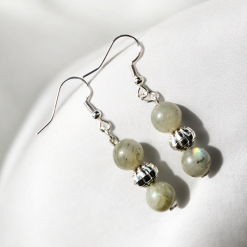 A Beautiful Pair of Round Moonstone Crystal Gemstone Silver Hook Earrings