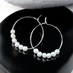 A Beautiful Pair of White Pearl Bead Silver Hoop Earrings 1