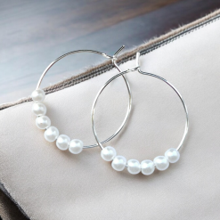 A Beautiful Pair of White Pearl Bead Silver Hoop Earrings 2