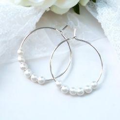 A Beautiful Pair of White Pearl Bead Silver Hoop Earrings