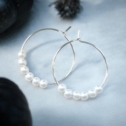A Beautiful Pair of White Pearl Bead Silver Hoop Earrings 4