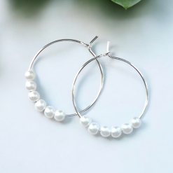 A Beautiful Pair of White Pearl Bead Silver Hoop Earrings 5