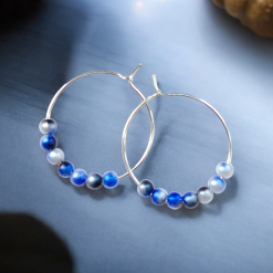 A Beautiful Pair of Blue/Black/Silver Marble Pearl Bead Hoop Earrings