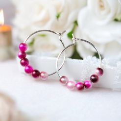 A Beautiful Pair of Dark/Light Pink Marble Pearl Bead Hoop Earrings 2